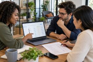 Drie recruiters evalueren hun ATS met een checklist in een informele kantoorsetting